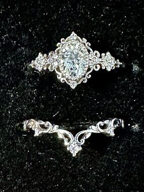 NIB Oval Moissanite 925 Sterling Bridal Set Rings, Art Deco Style, Size 9